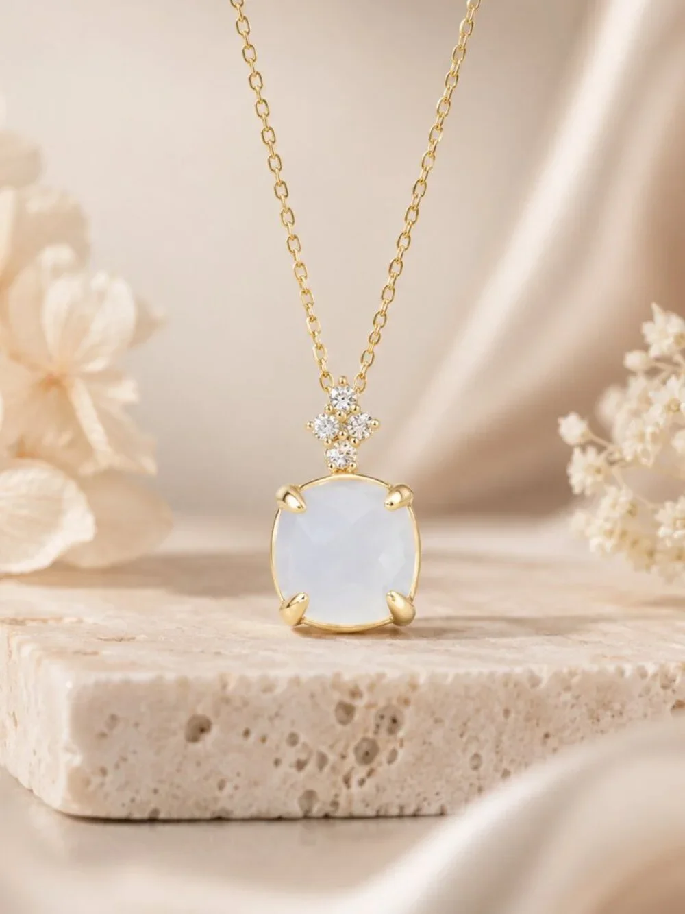 Rainbow Moonstone & White Topaz Pendant Necklace